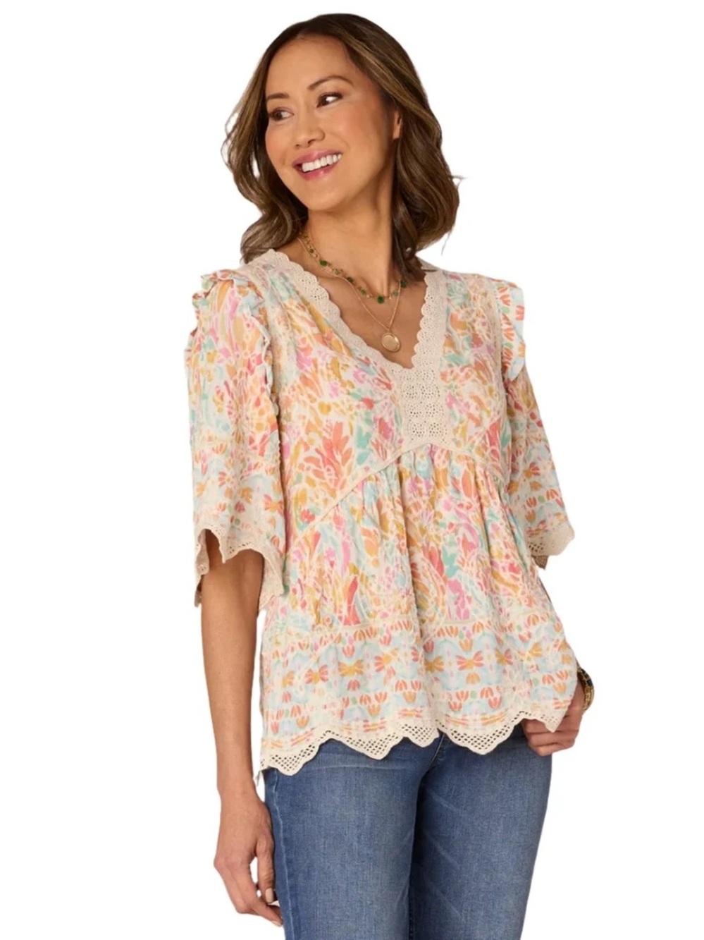 Democracy Below Elbow Bell Sleeve Crochet V Neck